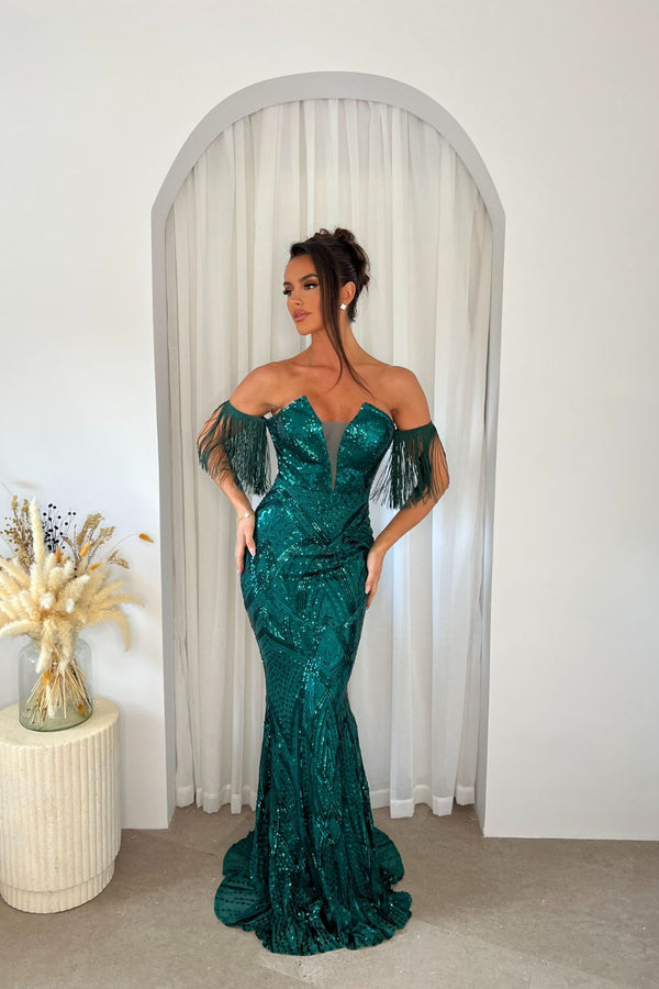 Enchanted Green Plunge V Neck Bardot Tassel Fringe Luxe Sequin Embellished Illusion Maxi Dress