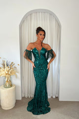Enchanted Green Plunge V Neck Bardot Tassel Fringe Luxe Sequin Embellished Illusion Maxi Dress