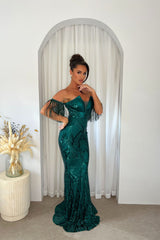 Enchanted Green Plunge V Neck Bardot Tassel Fringe Luxe Sequin Embellished Illusion Maxi Dress