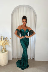 Enchanted Green Plunge V Neck Bardot Tassel Fringe Luxe Sequin Embellished Illusion Maxi Dress