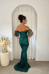 Enchanted Green Plunge V Neck Bardot Tassel Fringe Luxe Sequin Embellished Illusion Maxi Dress