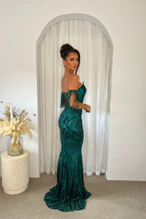 Enchanted Green Plunge V Neck Bardot Tassel Fringe Luxe Sequin Embellished Illusion Maxi Dress