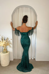Enchanted Green Plunge V Neck Bardot Tassel Fringe Luxe Sequin Embellished Illusion Maxi Dress