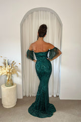 Enchanted Green Plunge V Neck Bardot Tassel Fringe Luxe Sequin Embellished Illusion Maxi Dress