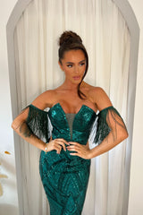Enchanted Green Plunge V Neck Bardot Tassel Fringe Luxe Sequin Embellished Illusion Maxi Dress