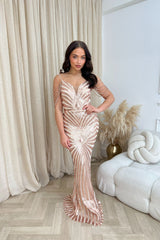 Vanity Rose Gold Luxe Sweetheart Beaded Shoulder Fringe Sequin Embellished Mermaid Illusion Maxi Dress