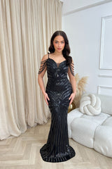 Vanity Black Luxe Sweetheart Beaded Shoulder Fringe Sequin Embellished Mermaid Illusion Maxi Dress