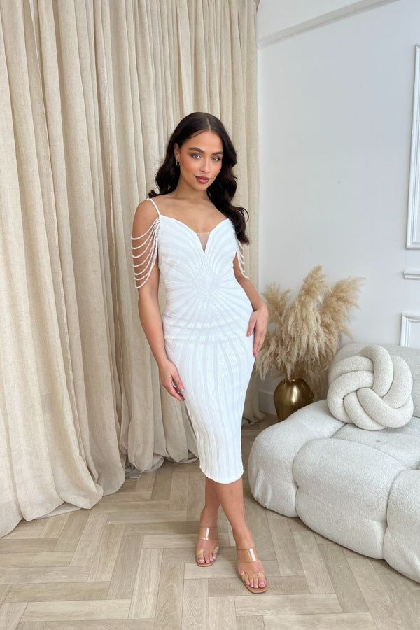 Promise White Luxe Sweetheart Beaded Shoulder Fringe Sequin Embellished Hourglass Illusion Midi Dress
