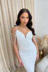 Promise White Luxe Sweetheart Beaded Shoulder Fringe Sequin Embellished Hourglass Illusion Midi Dress