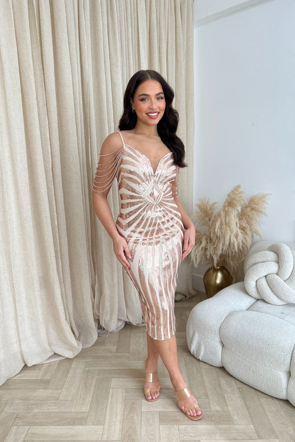Promise Rose Gold Luxe Sweetheart Beaded Shoulder Fringe Sequin Embellished Hourglass Illusion Midi Dress