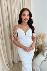 Vanity White Luxe Sweetheart Beaded Shoulder Fringe Sequin Embellished Mermaid Illusion Maxi Dress