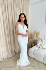 Vanity White Luxe Sweetheart Beaded Shoulder Fringe Sequin Embellished Mermaid Illusion Maxi Dress