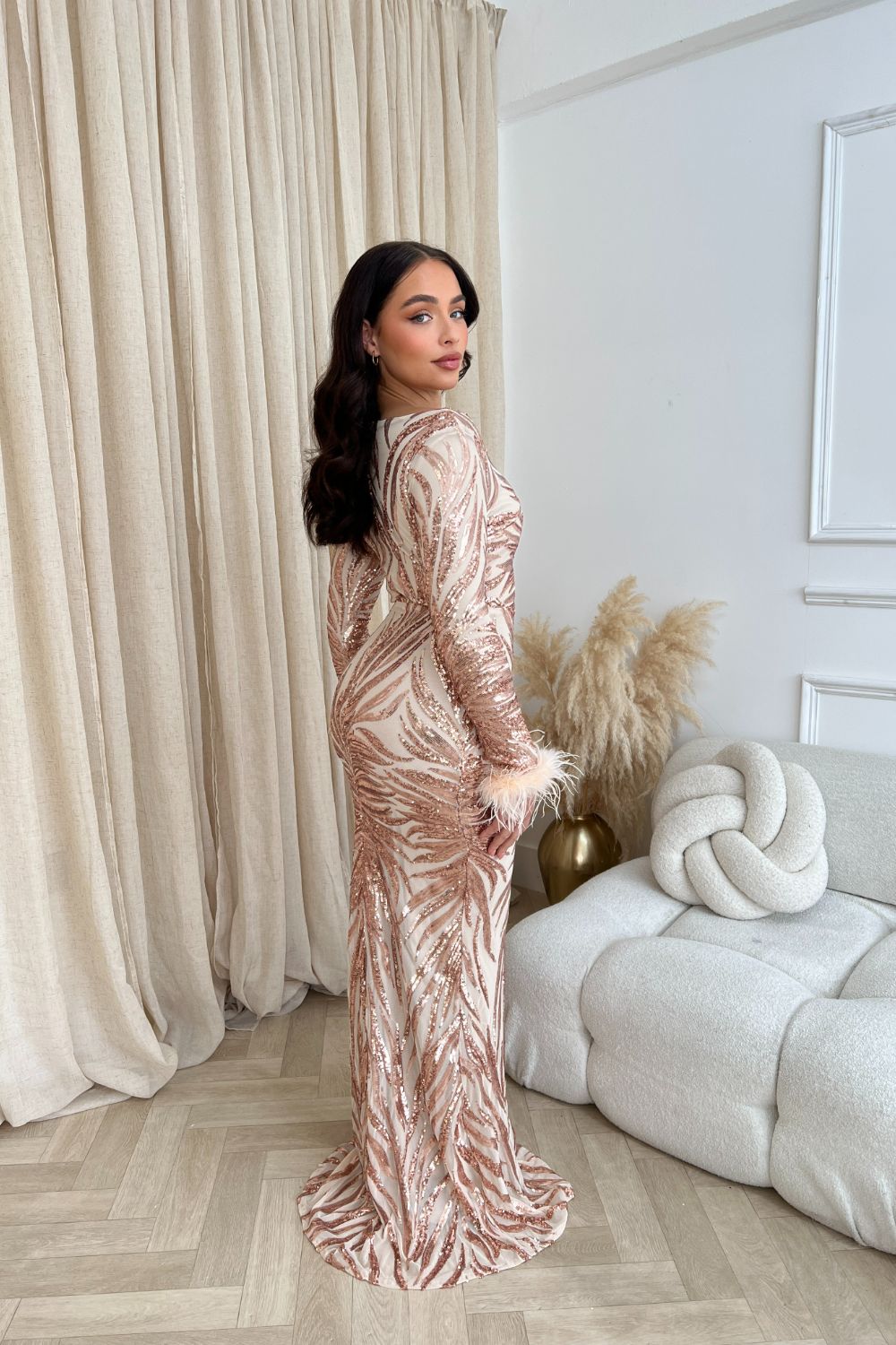 Luminous Rose Gold Luxe Hourglass Embellished Sequin Long Sleeve Feather Cuff Maxi Dress