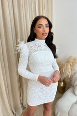 Guilty White Luxe Sequin Embellished Illusion Long Sleeve Feather Dress