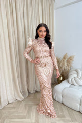 Saint Rose Gold Luxe Sequin Embellished Hourglass Illusion Long Sleeve Feather Maxi Dress