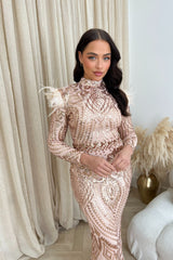 Saint Rose Gold Luxe Sequin Embellished Hourglass Illusion Long Sleeve Feather Maxi Dress