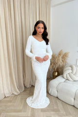 Luminous White Luxe Hourglass Embellished Sequin Long Sleeve Feather Cuff Maxi Dress