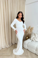 Luminous White Luxe Hourglass Embellished Sequin Long Sleeve Feather Cuff Maxi Dress