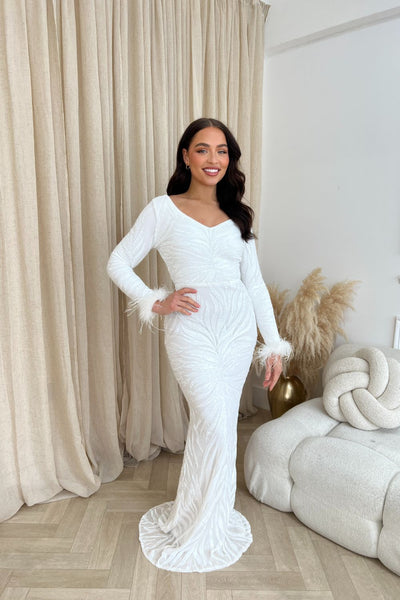 white embellished long sleeve dress Luminous White Luxe Hourglass Embellished Sequin Long Sleeve Feather Cuff  Maxi Dress