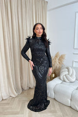 Saint Black Luxe Sequin Embellished Hourglass Illusion Long Sleeve Feather Maxi Dress