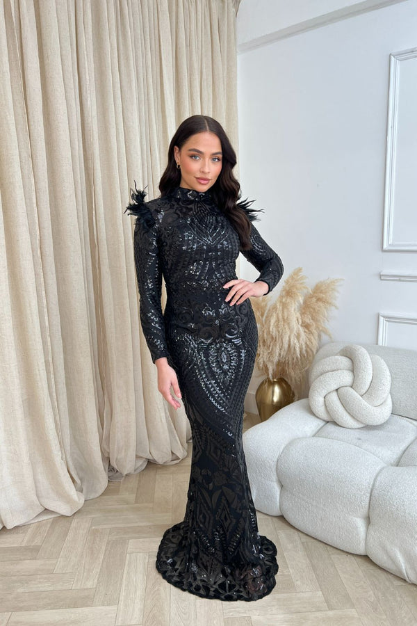 Saint Black Luxe Sequin Embellished Hourglass Illusion Long Sleeve Feather Maxi Dress