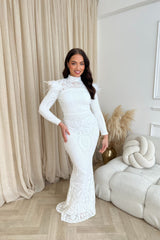 Saint White Luxe Sequin Embellished Hourglass Illusion Long Sleeve Feather Maxi Dress