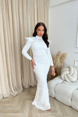 Saint White Luxe Sequin Embellished Hourglass Illusion Long Sleeve Feather Maxi Dress