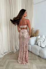 Shakirah Rose Gold Luxe Bandeau Sequin Embellished Two-Piece Maxi Slit Dress