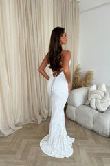 Unapologetic White Luxe Sequin Embellished Rhinestone Jewelled Straps Slit Maxi Dress