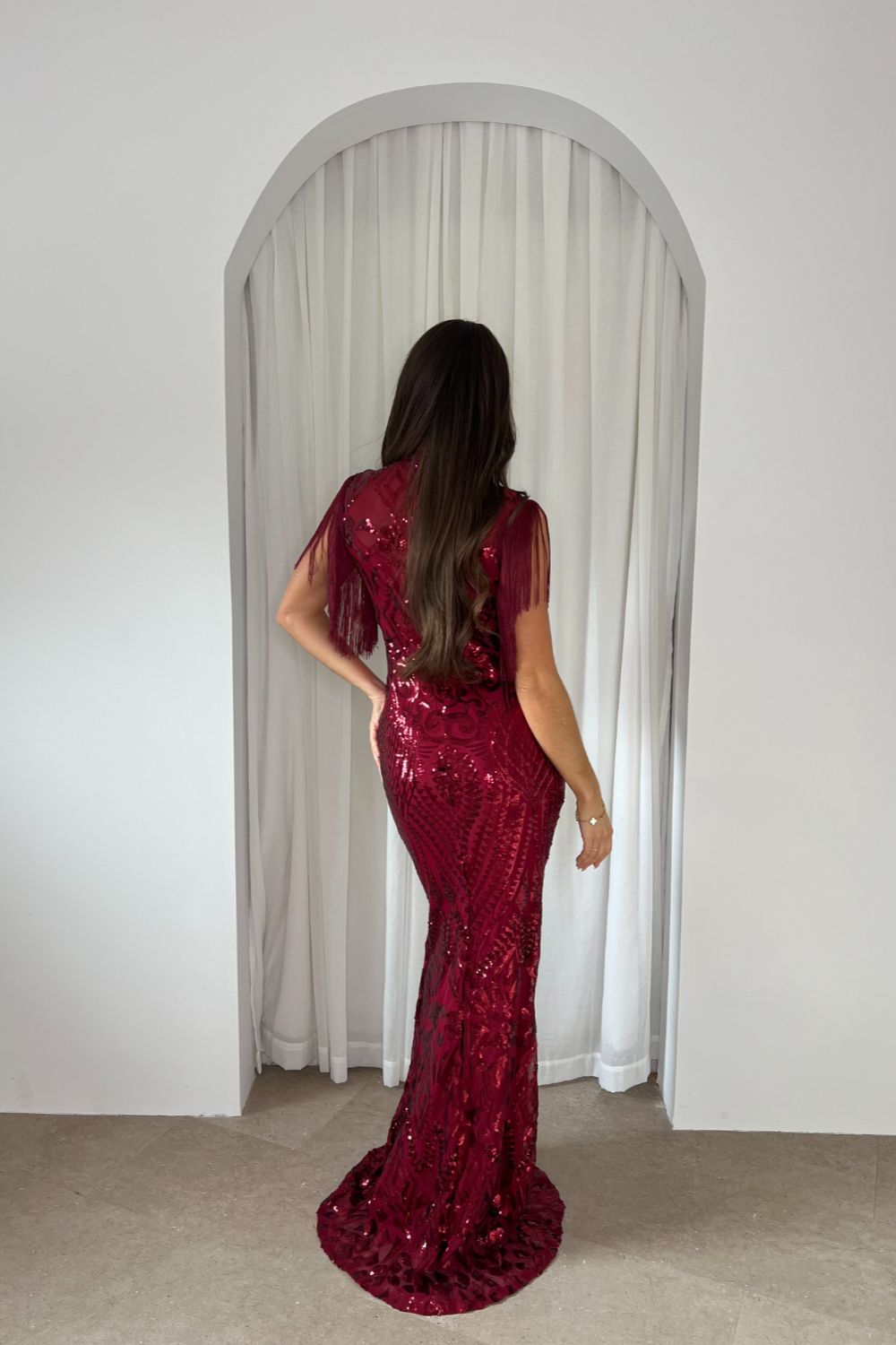 Magic Vip Berry Red Luxe Tassel Fringe Sequin Embellished Illusion Maxi Dress
