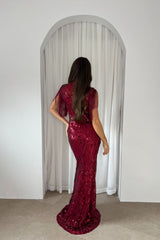 Magic Vip Berry Red Luxe Tassel Fringe Sequin Embellished Illusion Maxi Dress