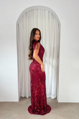 Magic Vip Berry Red Luxe Tassel Fringe Sequin Embellished Illusion Maxi Dress