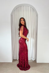 Magic Vip Berry Red Luxe Tassel Fringe Sequin Embellished Illusion Maxi Dress