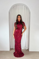 Magic Vip Berry Red Luxe Tassel Fringe Sequin Embellished Illusion Maxi Dress