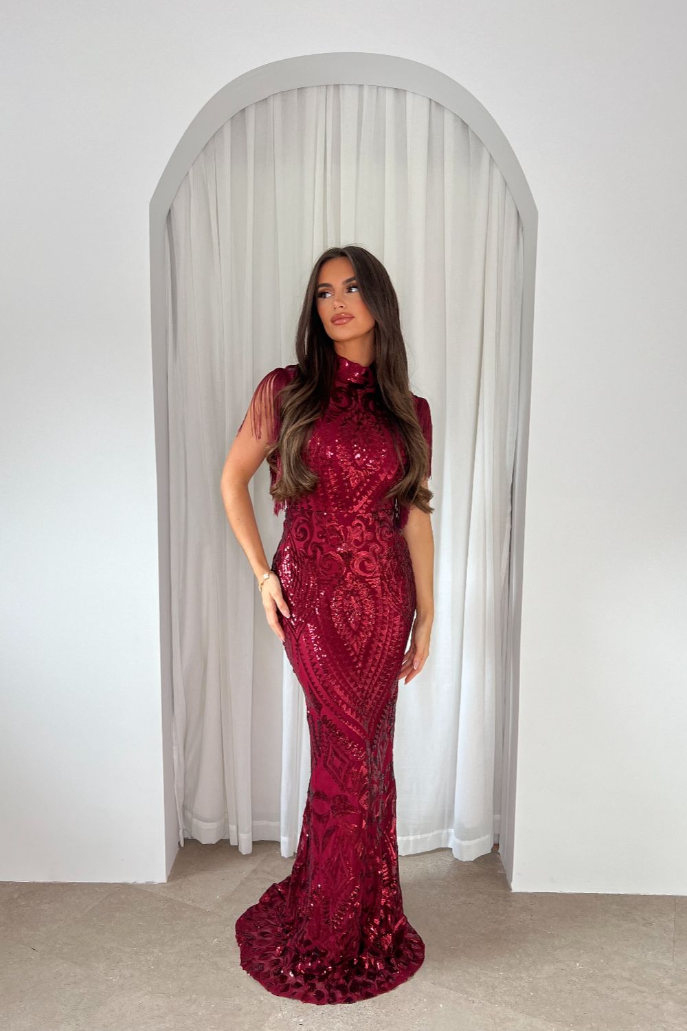 Magic Vip Berry Red Luxe Tassel Fringe Sequin Embellished Illusion Maxi Dress