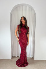 Magic Vip Berry Red Luxe Tassel Fringe Sequin Embellished Illusion Maxi Dress