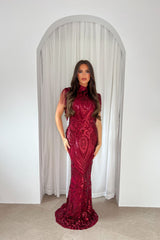 Magic Vip Berry Red Luxe Tassel Fringe Sequin Embellished Illusion Maxi Dress