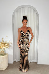 Timeless Black Gold Plunge Sequin Hourglass Illusion Mermaid Maxi Dress