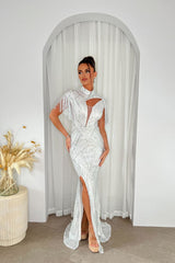 Runaway Silver Luxe Sequin Tassel Fringe Hourglass Embellished Illusion Fishtail Slit Maxi Gown Dress