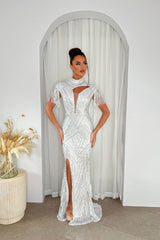 Runaway Silver Luxe Sequin Tassel Fringe Hourglass Embellished Illusion Fishtail Slit Maxi Gown Dress