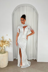 Runaway Silver Luxe Sequin Tassel Fringe Hourglass Embellished Illusion Fishtail Slit Maxi Gown Dress