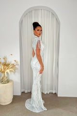 Runaway Silver Luxe Sequin Tassel Fringe Hourglass Embellished Illusion Fishtail Slit Maxi Gown Dress