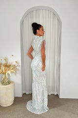Runaway Silver Luxe Sequin Tassel Fringe Hourglass Embellished Illusion Fishtail Slit Maxi Gown Dress