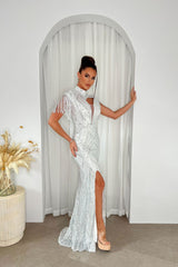 Runaway Silver Luxe Sequin Tassel Fringe Hourglass Embellished Illusion Fishtail Slit Maxi Gown Dress