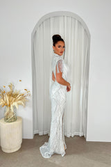 Runaway Silver Luxe Sequin Tassel Fringe Hourglass Embellished Illusion Fishtail Slit Maxi Gown Dress