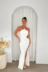 Vision White Luxe Sequin Rhinestone Jewelled Halter Neck Thigh Slit Maxi Dress