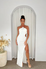 Vision White Luxe Sequin Rhinestone Jewelled Halter Neck Thigh Slit Maxi Dress