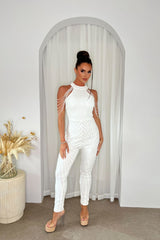 Shadow Luxe Exclusive White High Neck Beaded Shoulder Sequin Embellished Hourglass Illusion Jumpsuit