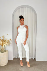 Shadow Luxe Exclusive White High Neck Beaded Shoulder Sequin Embellished Hourglass Illusion Jumpsuit