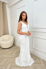 Centerpiece White Plunge Luxe Beaded Shoulder Fringe Sequin Embellished Illusion Maxi Dress